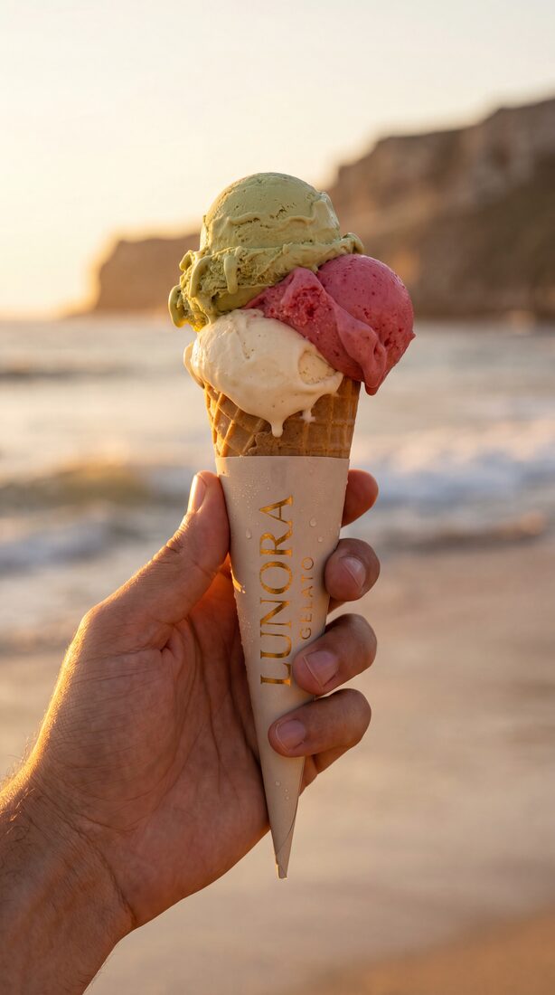 Gelado Lunora na mão ao pôr do sol